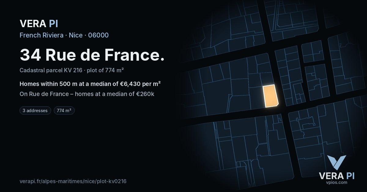 34 Rue de France, Nice at night – the plot lit, the parcels around coloured by the prices near them