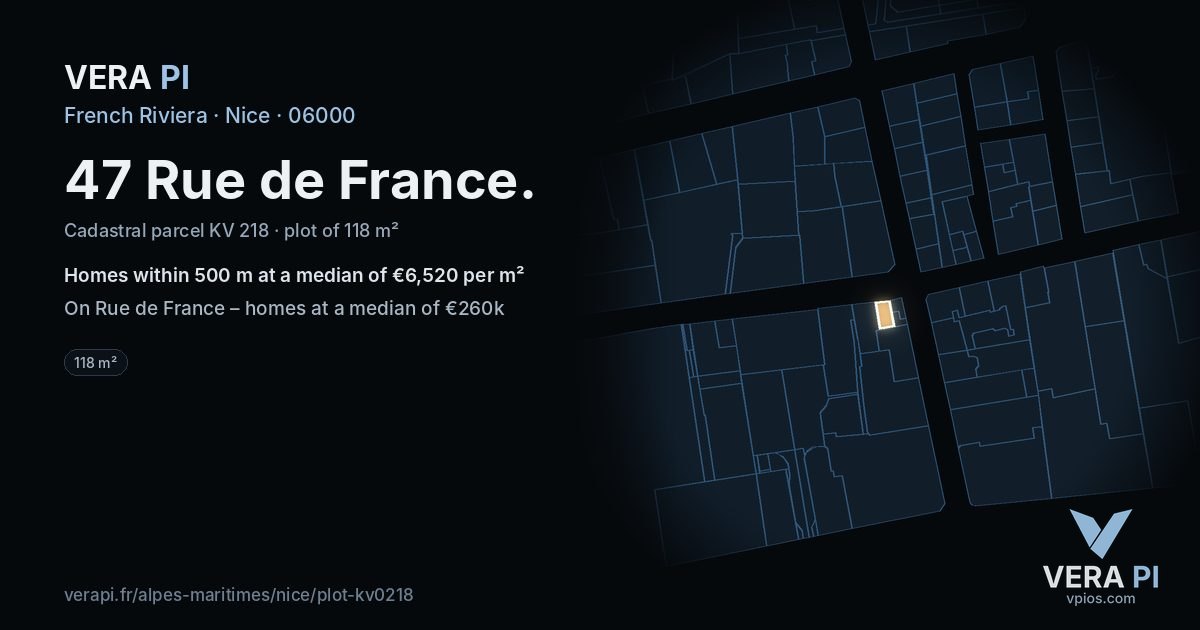 47 Rue de France, Nice at night – the plot lit, the parcels around coloured by the prices near them