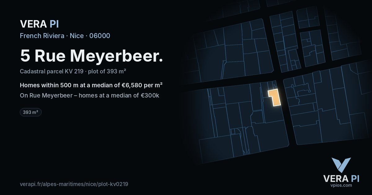 5 Rue Meyerbeer, Nice at night – the plot lit, the parcels around coloured by the prices near them