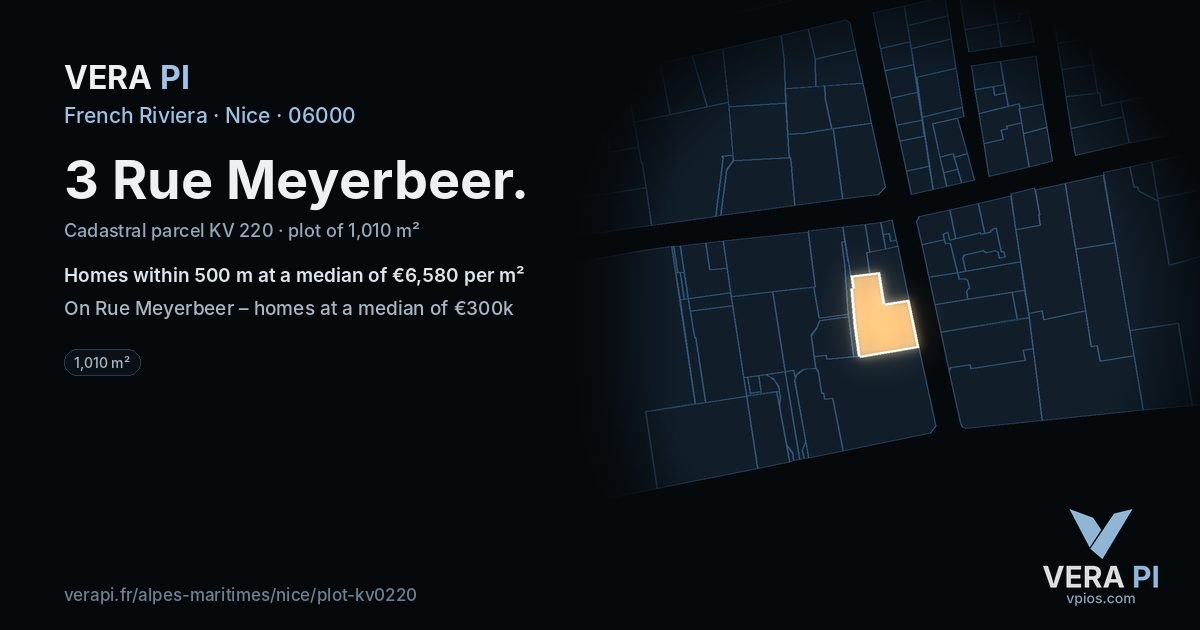 3 Rue Meyerbeer, Nice at night – the plot lit, the parcels around coloured by the prices near them