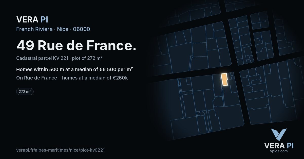 49 Rue de France, Nice at night – the plot lit, the parcels around coloured by the prices near them
