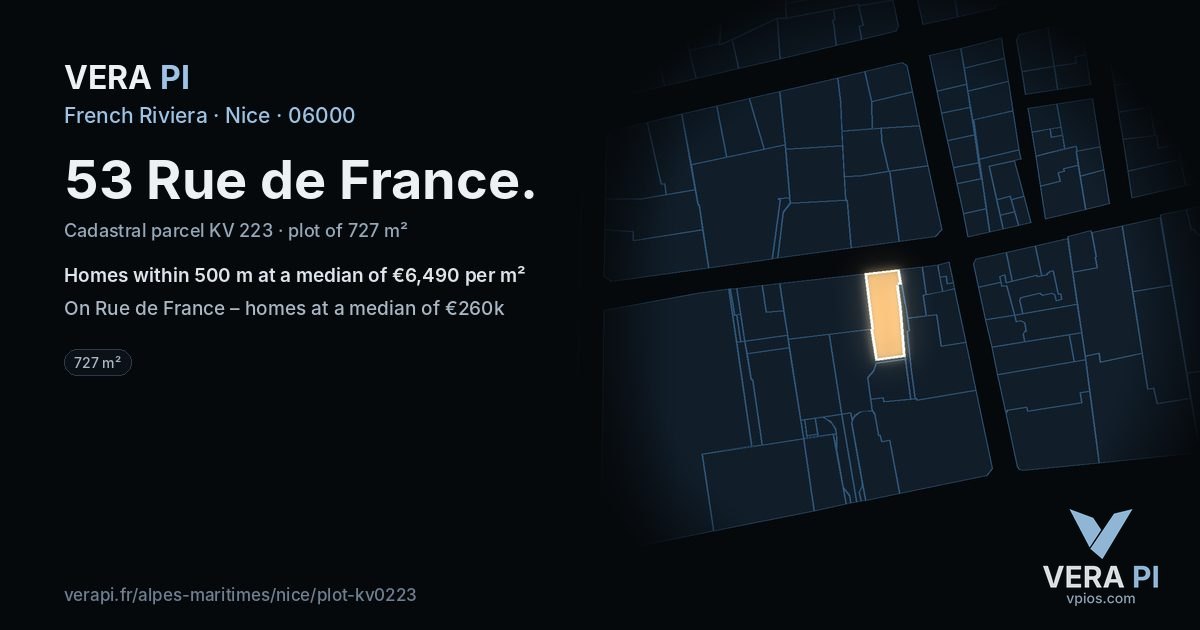 53 Rue de France, Nice at night – the plot lit, the parcels around coloured by the prices near them
