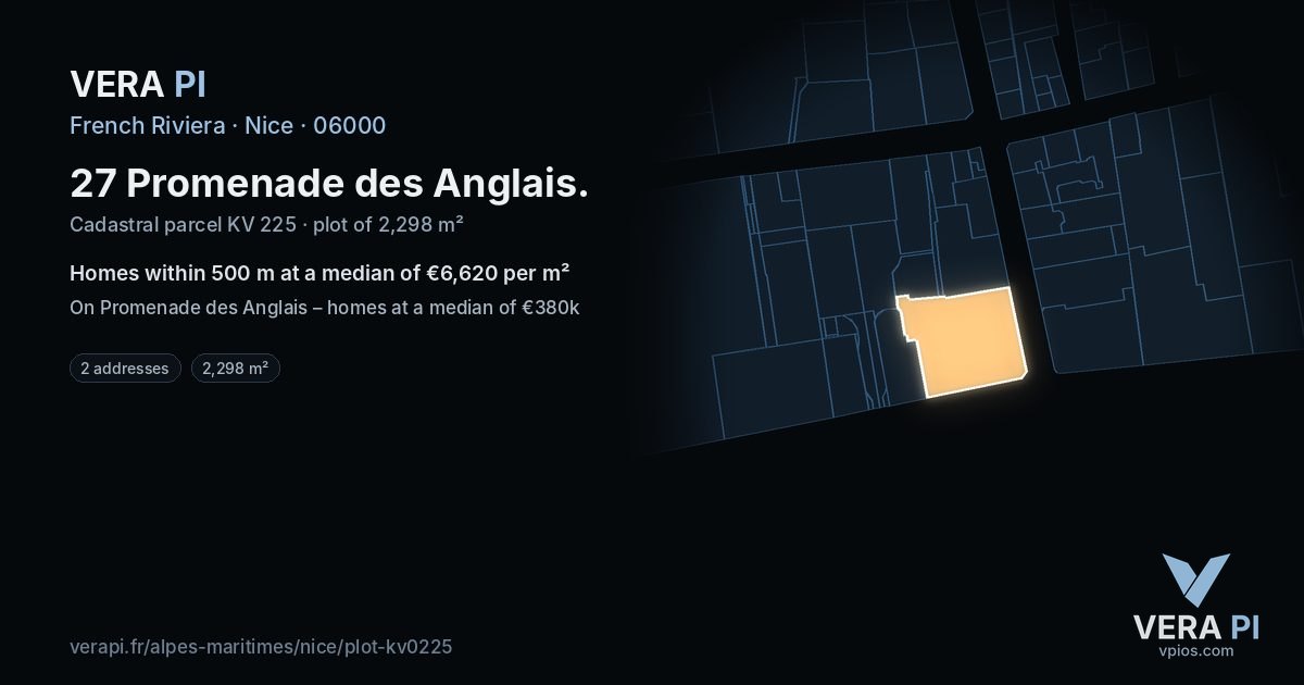 27 Promenade des Anglais, Nice at night – the plot lit, the parcels around coloured by the prices near them