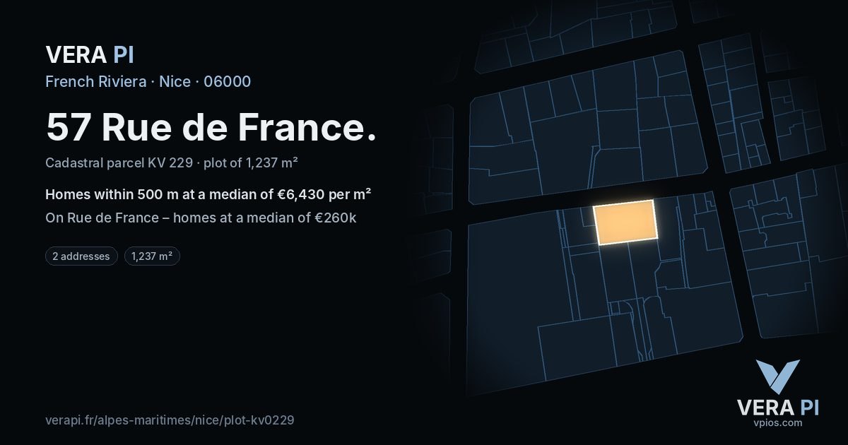 57 Rue de France, Nice at night – the plot lit, the parcels around coloured by the prices near them