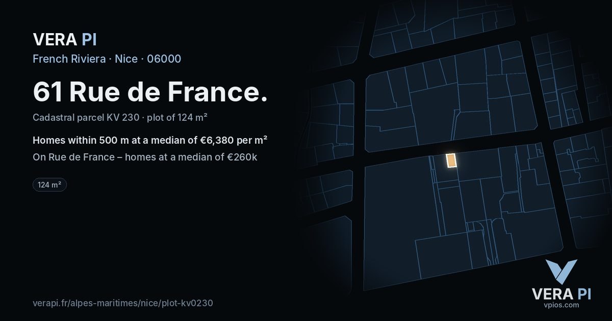 61 Rue de France, Nice at night – the plot lit, the parcels around coloured by the prices near them