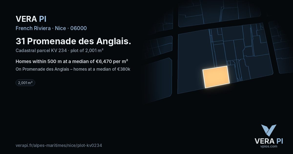 31 Promenade des Anglais, Nice at night – the plot lit, the parcels around coloured by the prices near them
