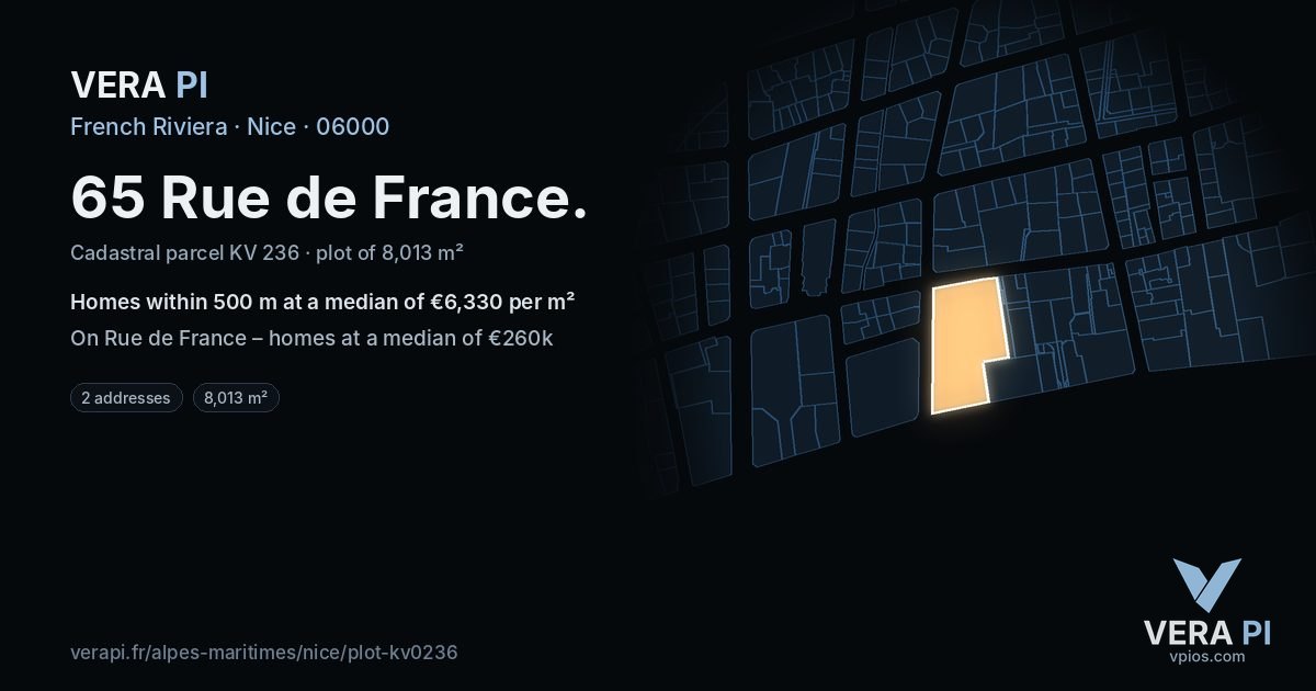 65 Rue de France, Nice at night – the plot lit, the parcels around coloured by the prices near them