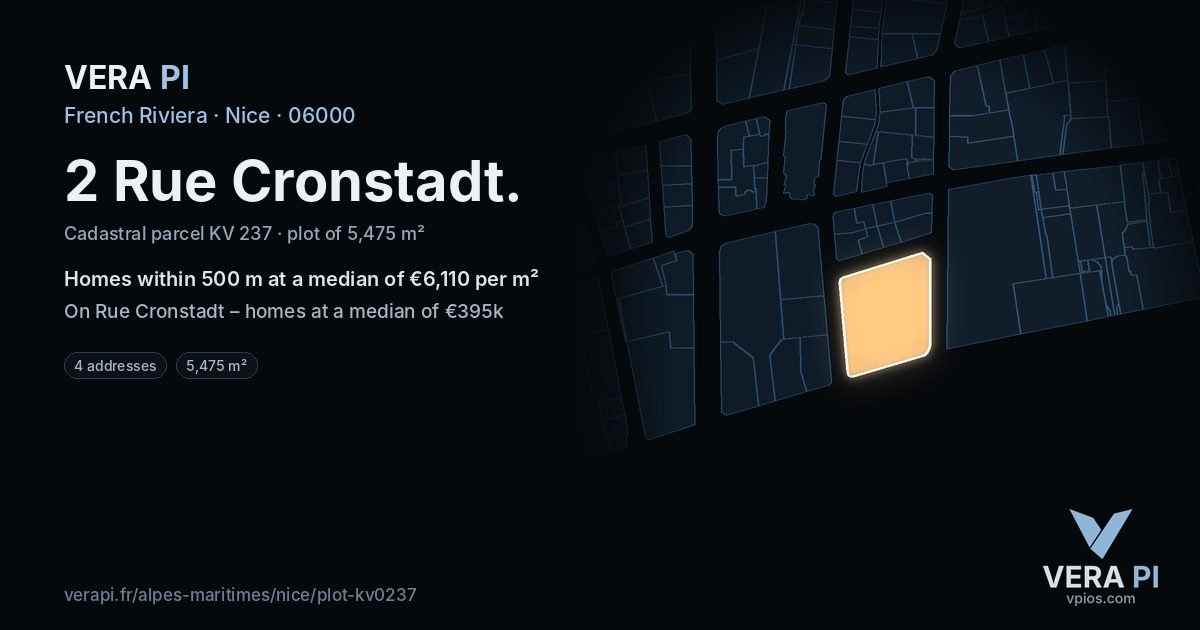 2 Rue Cronstadt, Nice at night – the plot lit, the parcels around coloured by the prices near them