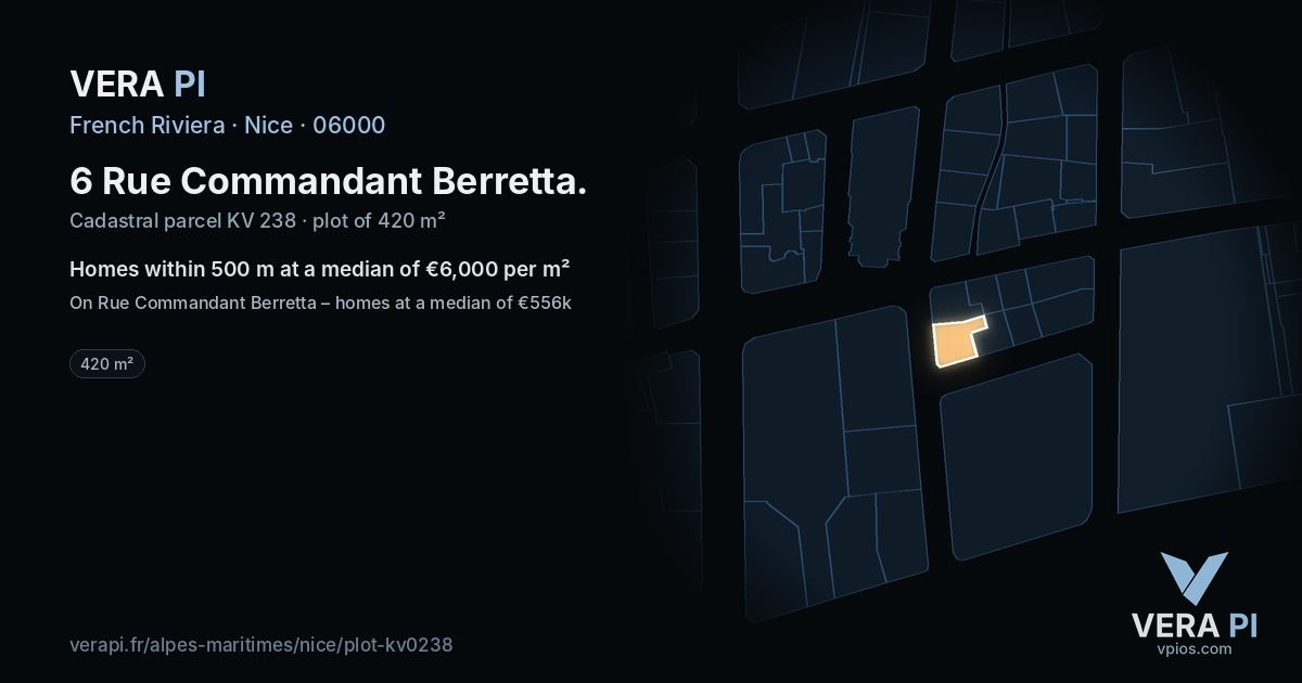 6 Rue Commandant Berretta, Nice at night – the plot lit, the parcels around coloured by the prices near them