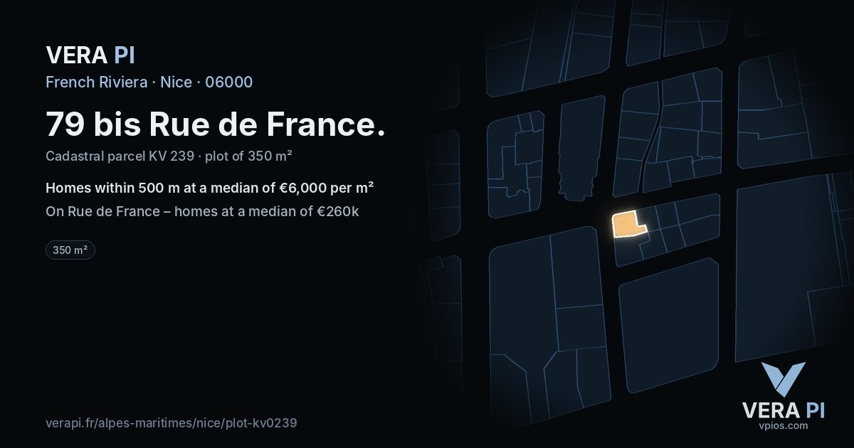 79 bis Rue de France, Nice at night – the plot lit, the parcels around coloured by the prices near them