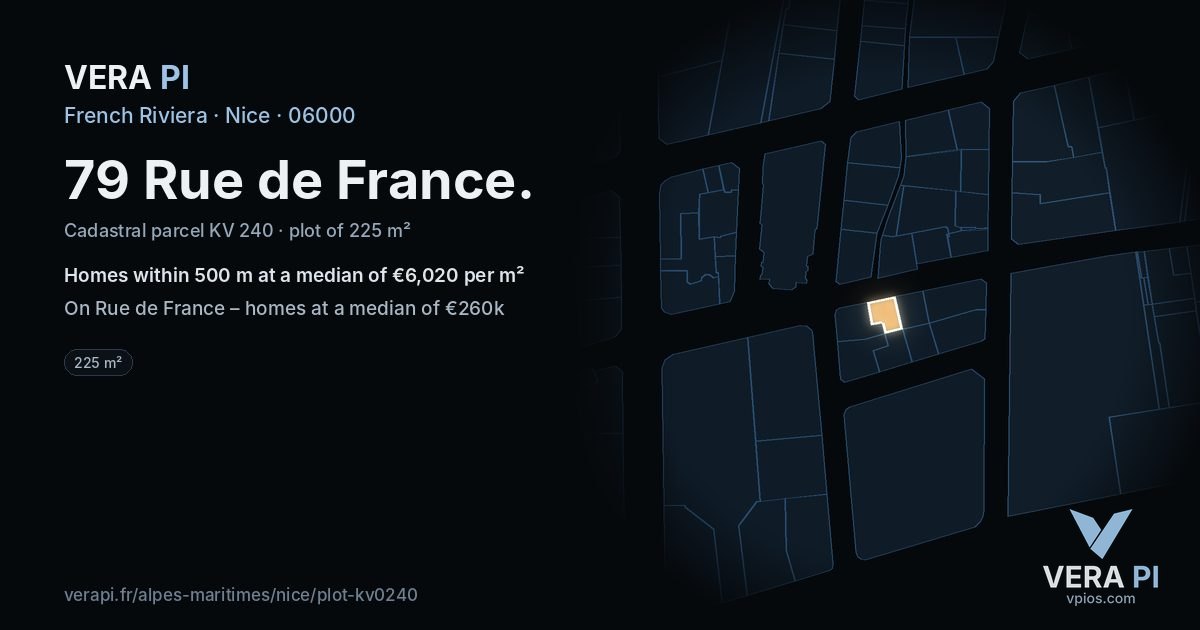 79 Rue de France, Nice at night – the plot lit, the parcels around coloured by the prices near them