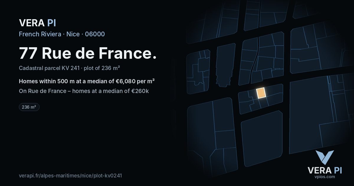 77 Rue de France, Nice at night – the plot lit, the parcels around coloured by the prices near them