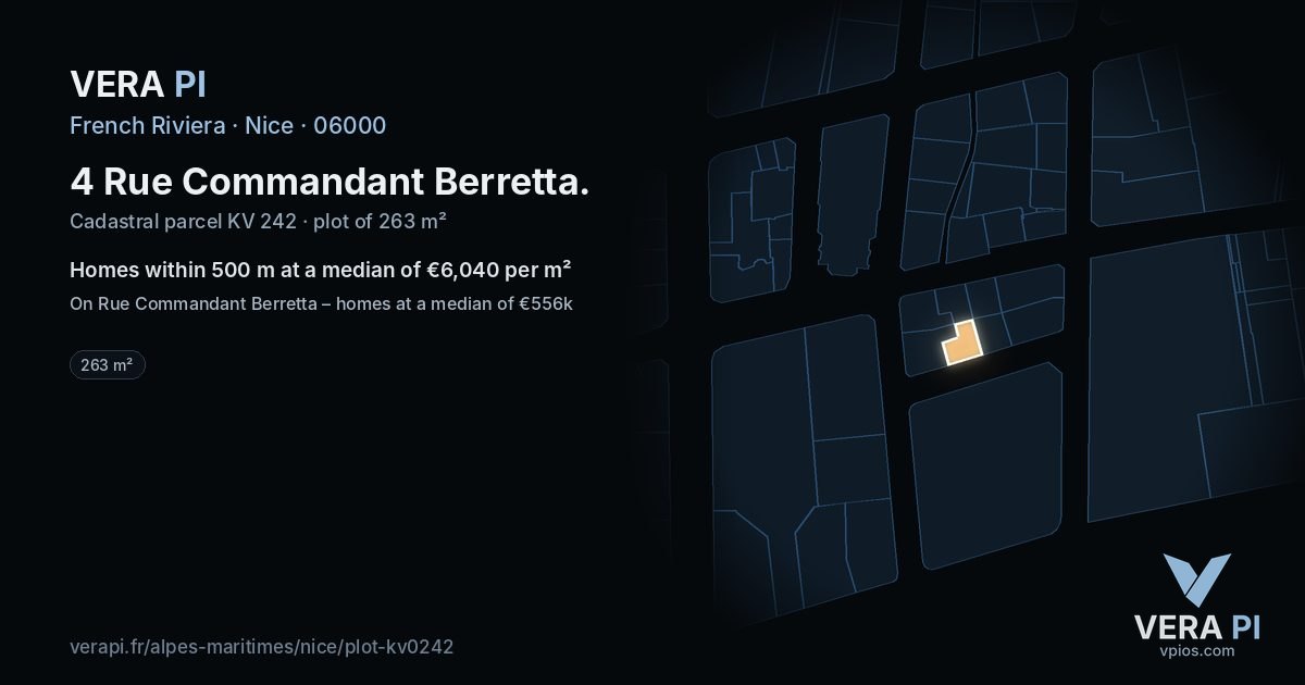 4 Rue Commandant Berretta, Nice at night – the plot lit, the parcels around coloured by the prices near them
