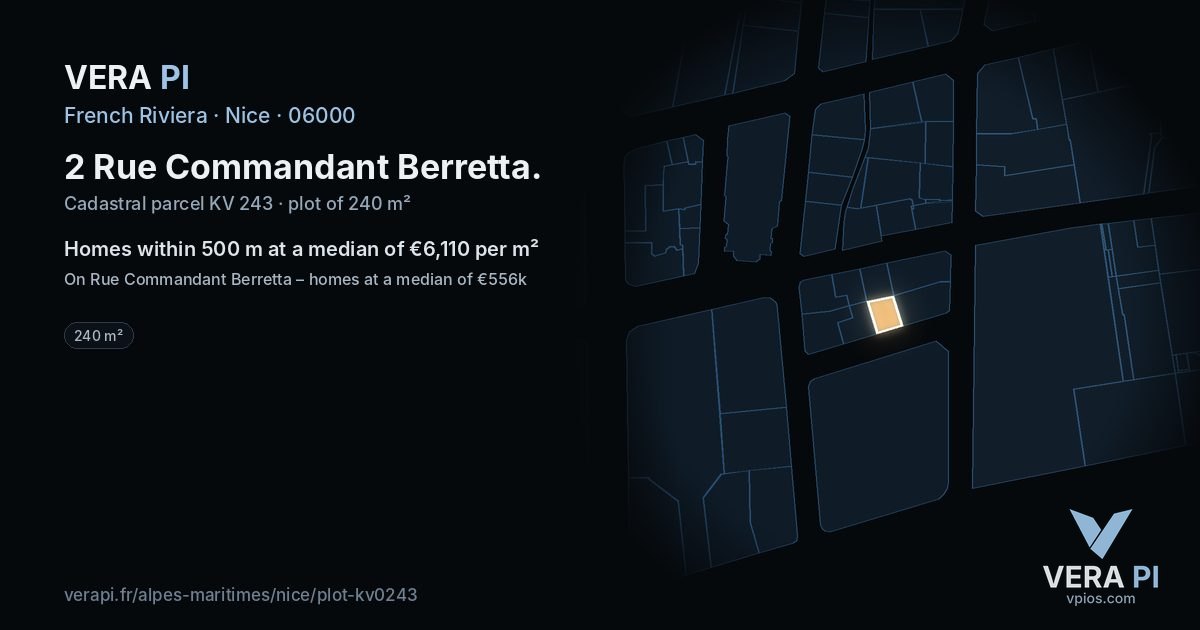 2 Rue Commandant Berretta, Nice at night – the plot lit, the parcels around coloured by the prices near them