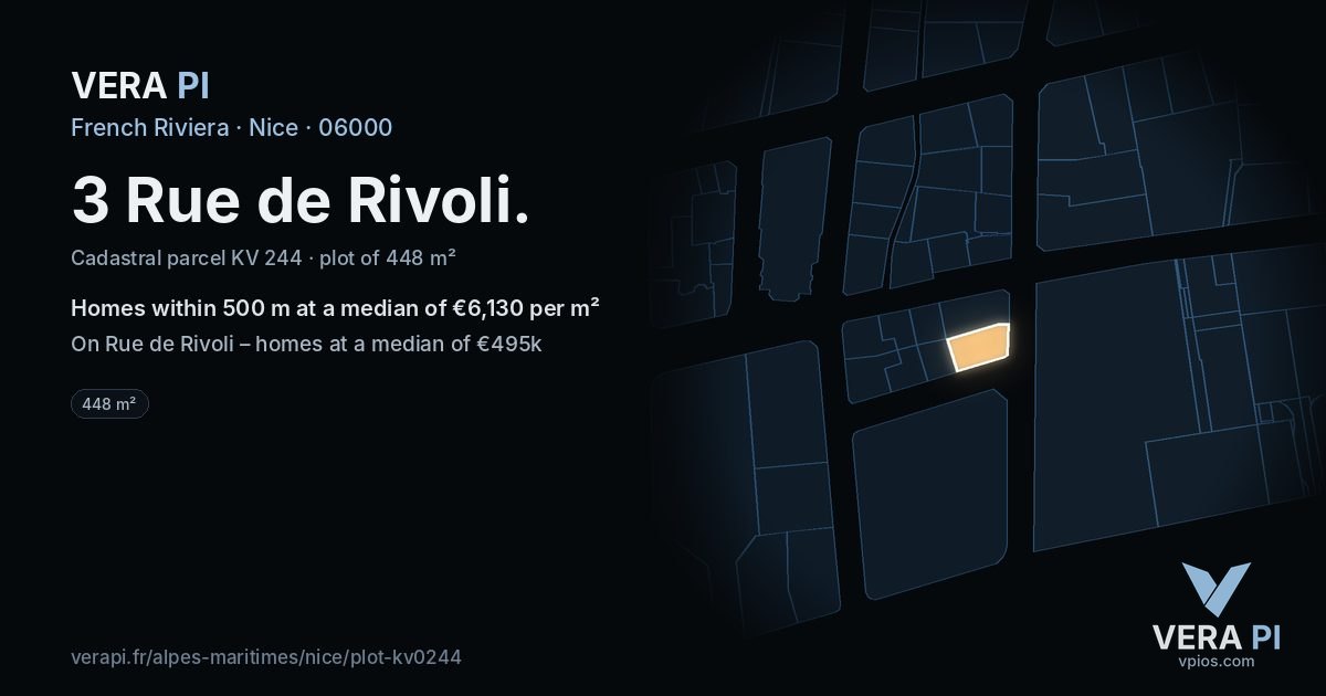 3 Rue de Rivoli, Nice at night – the plot lit, the parcels around coloured by the prices near them