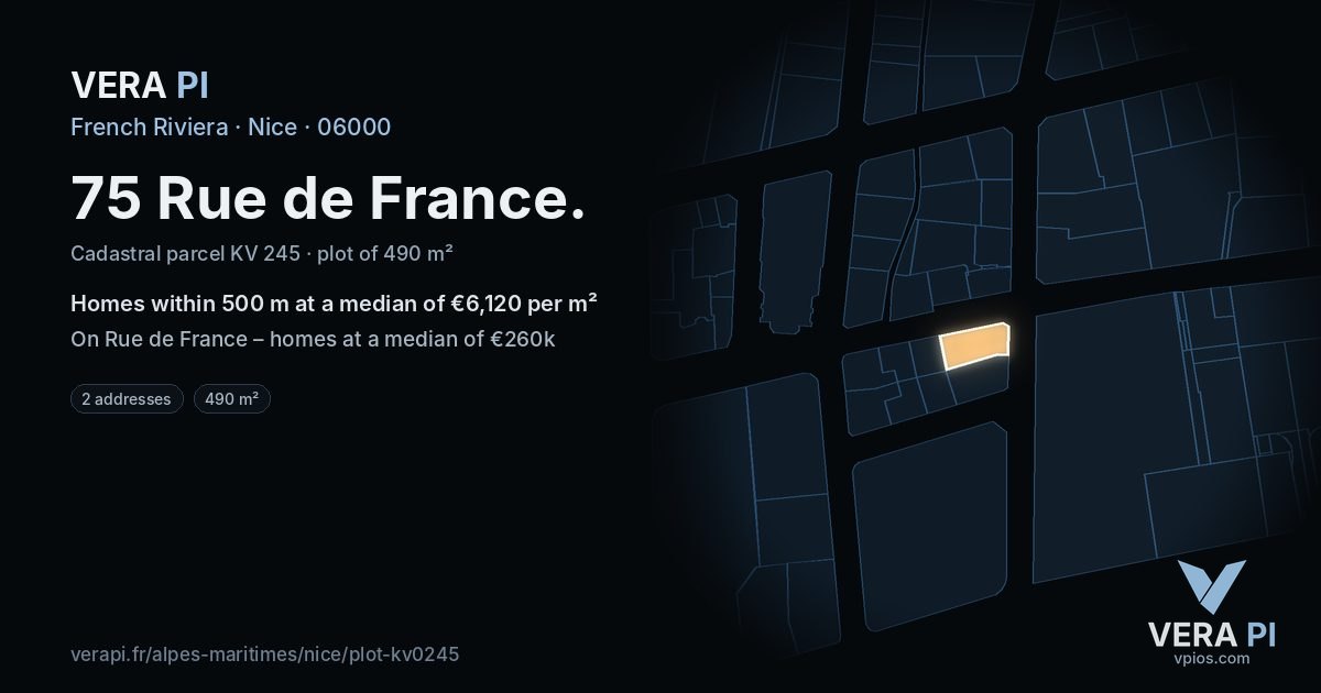 75 Rue de France, Nice at night – the plot lit, the parcels around coloured by the prices near them