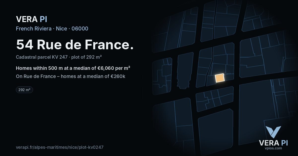 54 Rue de France, Nice at night – the plot lit, the parcels around coloured by the prices near them