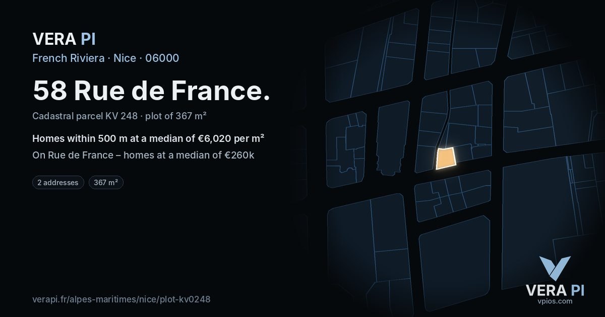 58 Rue de France, Nice at night – the plot lit, the parcels around coloured by the prices near them