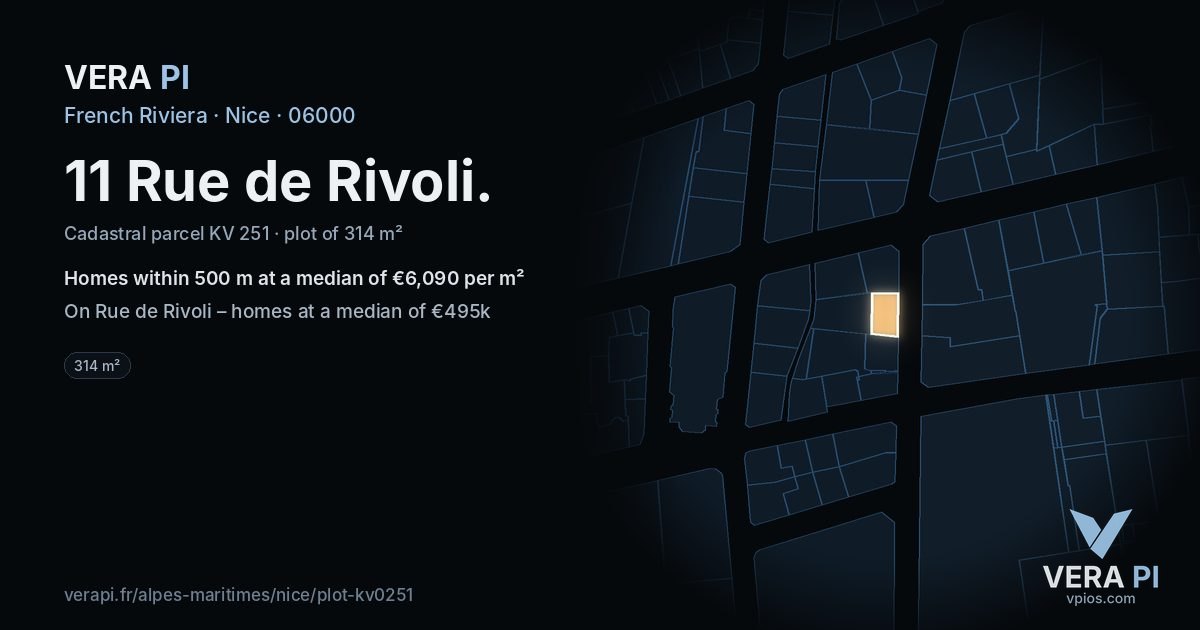 11 Rue de Rivoli, Nice at night – the plot lit, the parcels around coloured by the prices near them