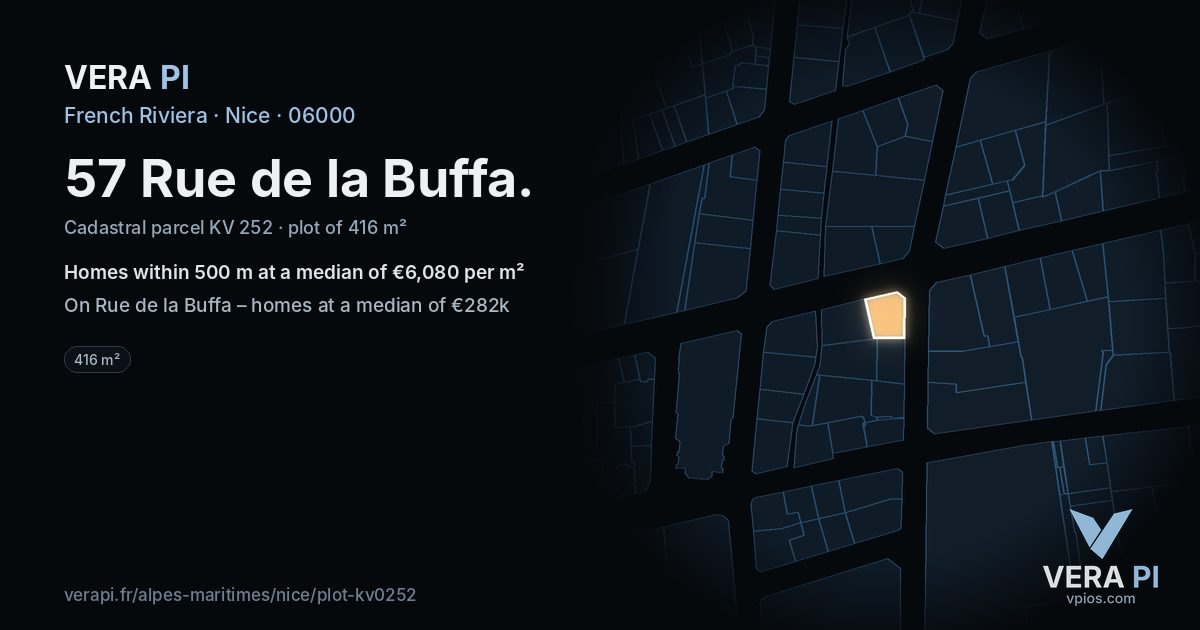 57 Rue de la Buffa, Nice at night – the plot lit, the parcels around coloured by the prices near them