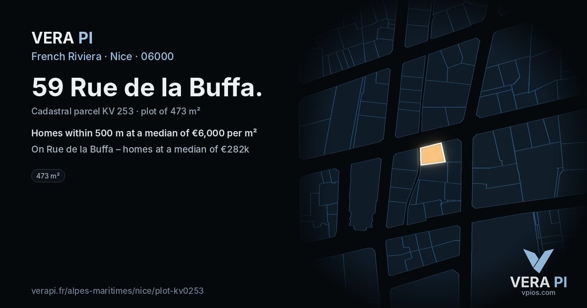 59 Rue de la Buffa, Nice at night – the plot lit, the parcels around coloured by the prices near them