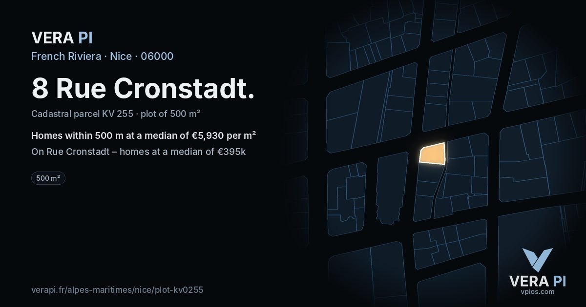 8 Rue Cronstadt, Nice at night – the plot lit, the parcels around coloured by the prices near them