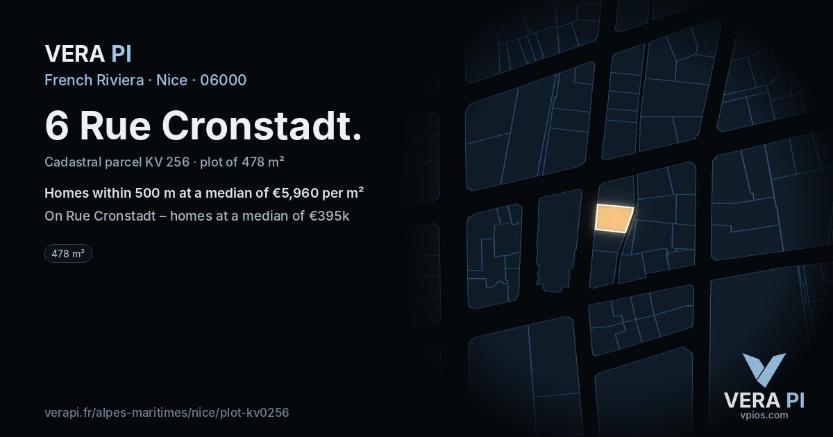 6 Rue Cronstadt, Nice at night – the plot lit, the parcels around coloured by the prices near them