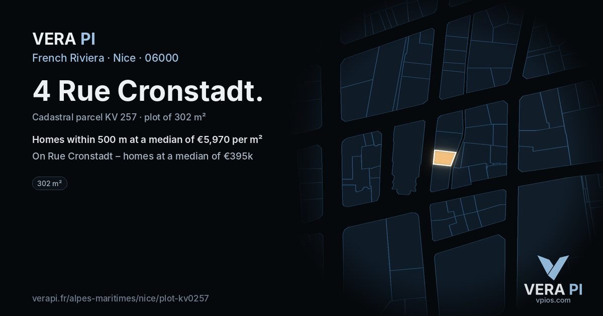 4 Rue Cronstadt, Nice at night – the plot lit, the parcels around coloured by the prices near them