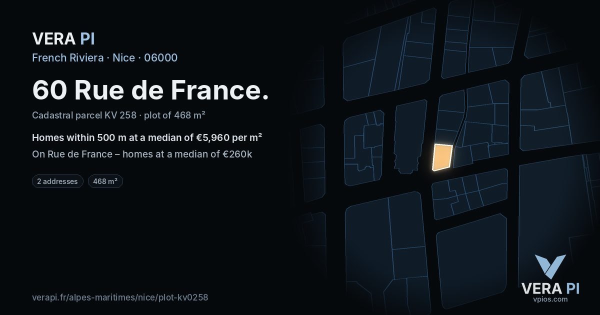 60 Rue de France, Nice at night – the plot lit, the parcels around coloured by the prices near them