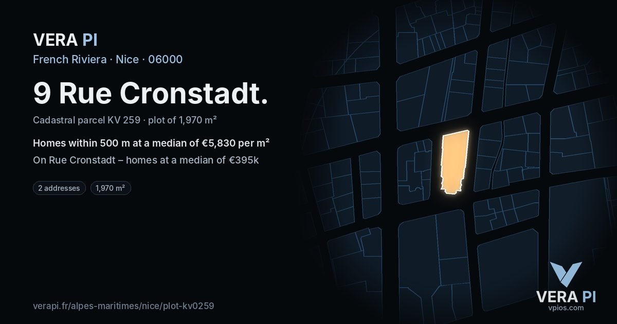 9 Rue Cronstadt, Nice at night – the plot lit, the parcels around coloured by the prices near them