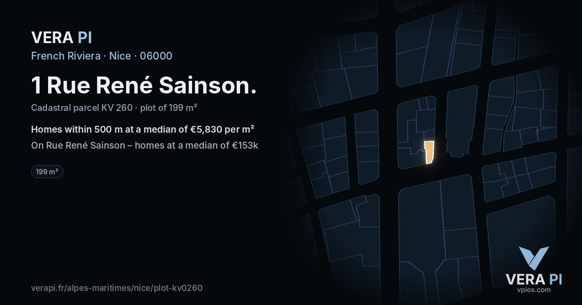 1 Rue René Sainson, Nice at night – the plot lit, the parcels around coloured by the prices near them