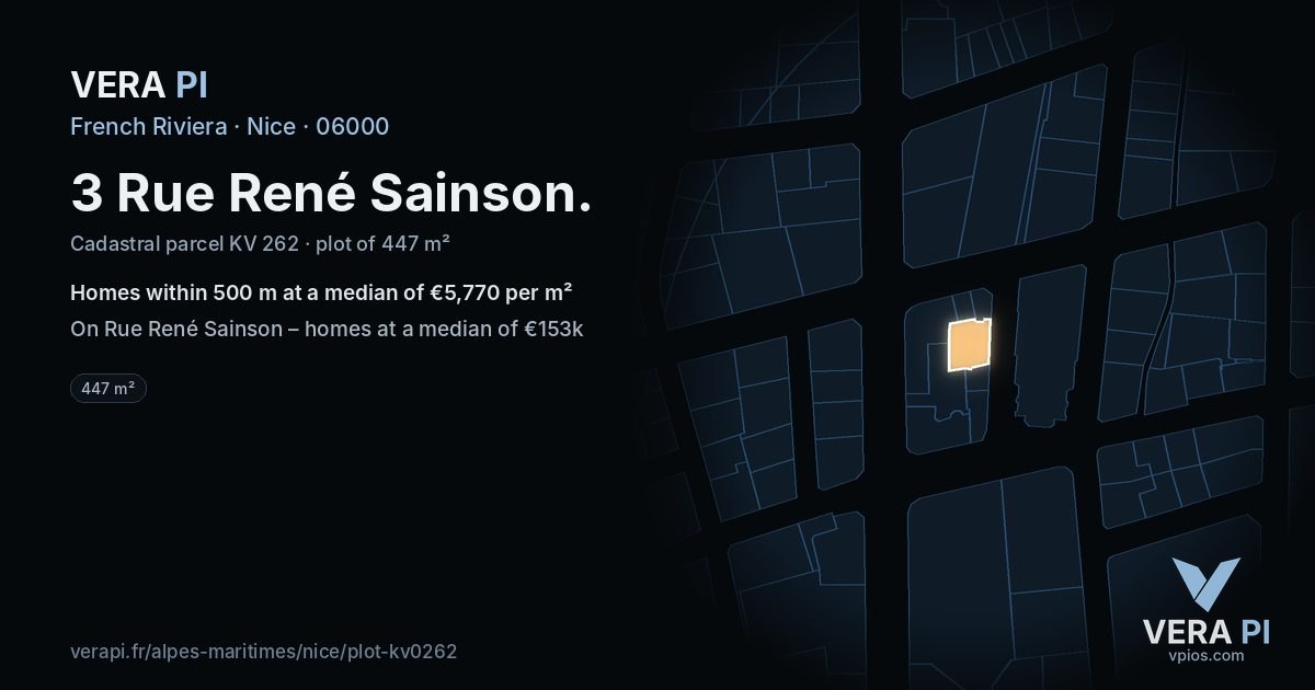 3 Rue René Sainson, Nice at night – the plot lit, the parcels around coloured by the prices near them