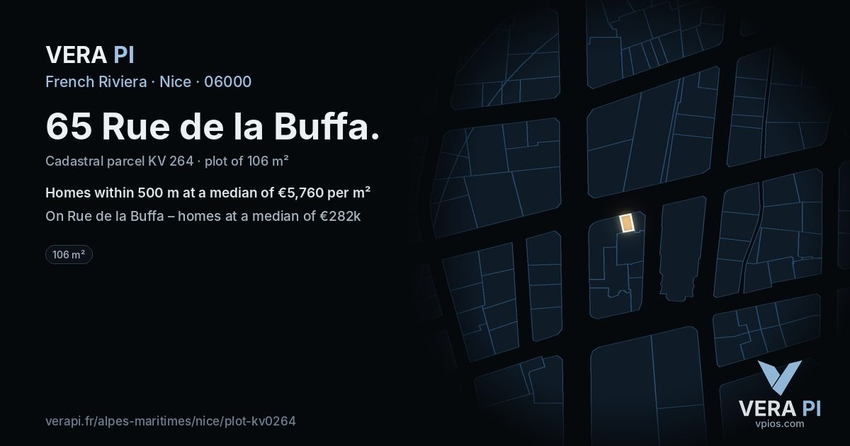 65 Rue de la Buffa, Nice at night – the plot lit, the parcels around coloured by the prices near them