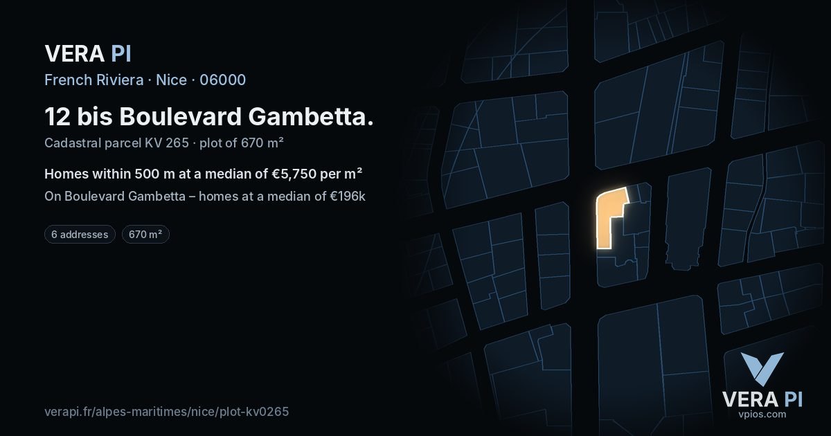 12 bis Boulevard Gambetta, Nice at night – the plot lit, the parcels around coloured by the prices near them