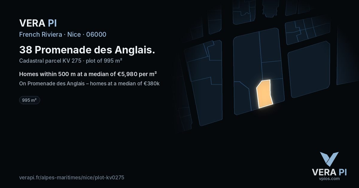 38 Promenade des Anglais, Nice at night – the plot lit, the parcels around coloured by the prices near them