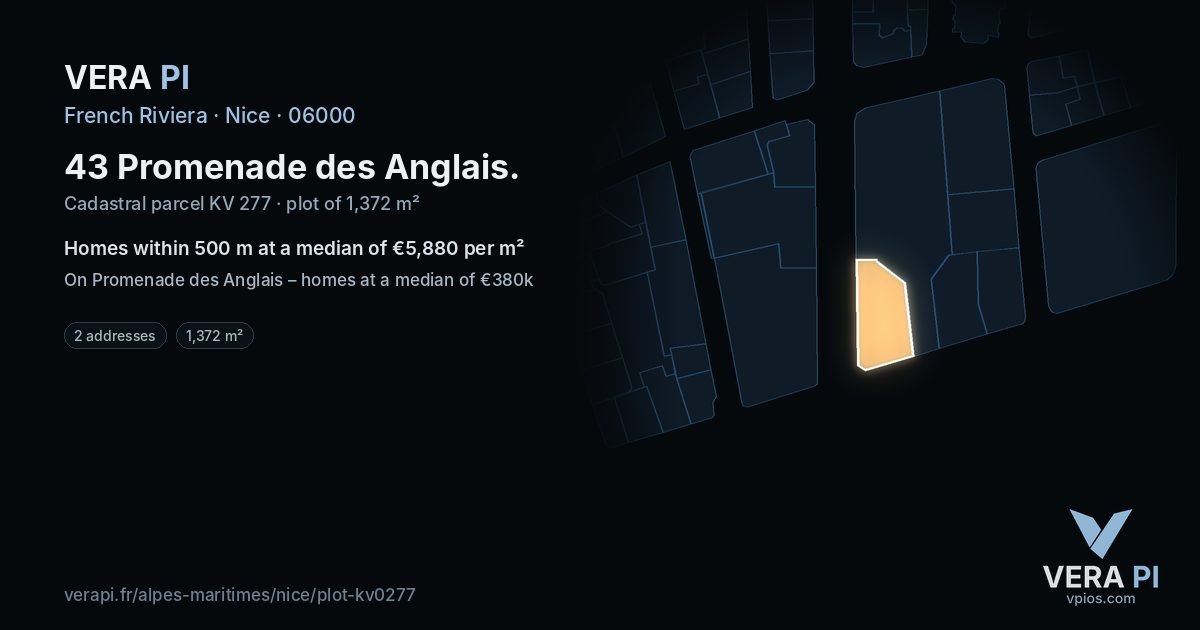 43 Promenade des Anglais, Nice at night – the plot lit, the parcels around coloured by the prices near them