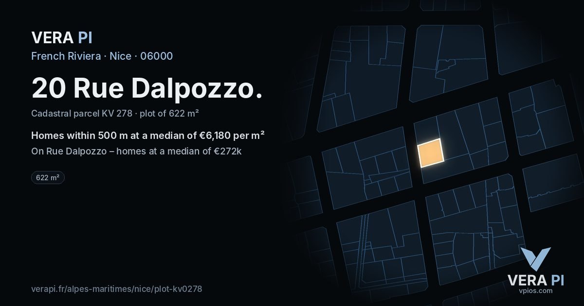 20 Rue Dalpozzo, Nice at night – the plot lit, the parcels around coloured by the prices near them