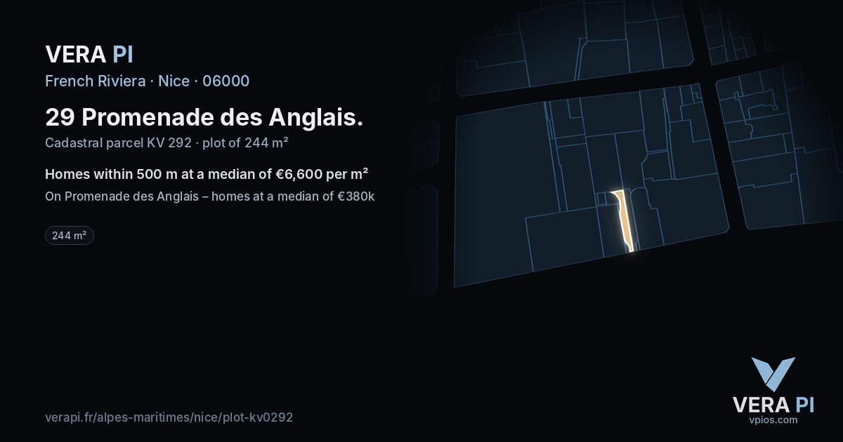 29 Promenade des Anglais, Nice at night – the plot lit, the parcels around coloured by the prices near them