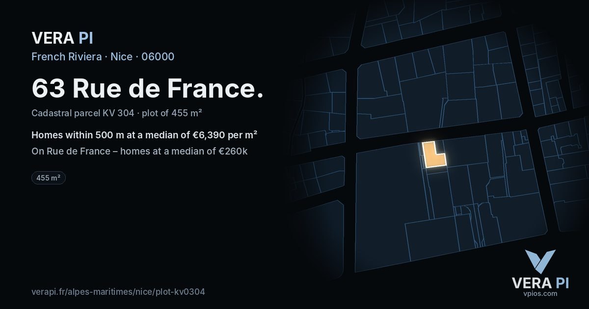 63 Rue de France, Nice at night – the plot lit, the parcels around coloured by the prices near them