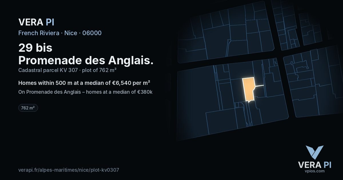 29 bis Promenade des Anglais, Nice at night – the plot lit, the parcels around coloured by the prices near them