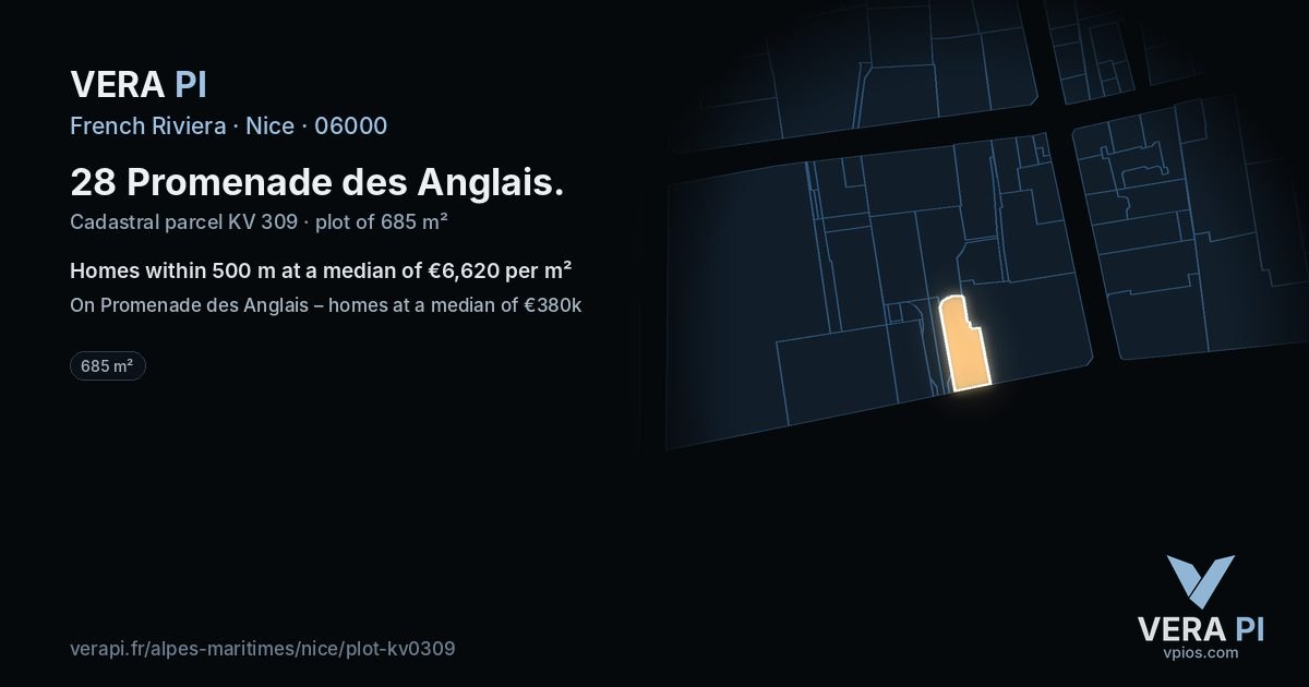 28 Promenade des Anglais, Nice at night – the plot lit, the parcels around coloured by the prices near them