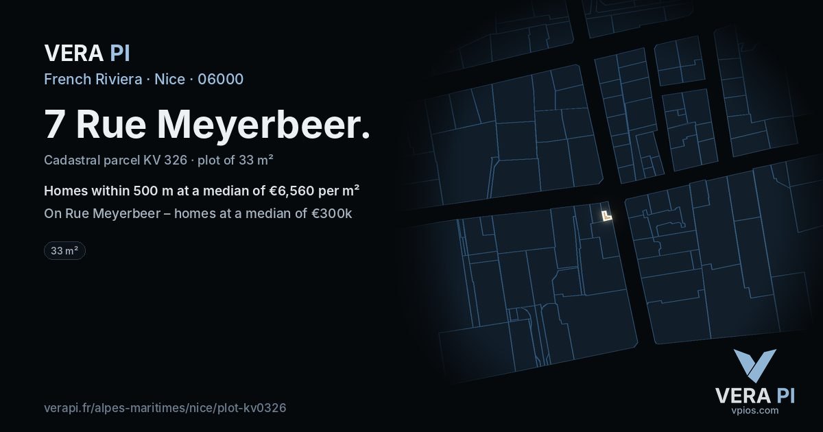 7 Rue Meyerbeer, Nice at night – the plot lit, the parcels around coloured by the prices near them