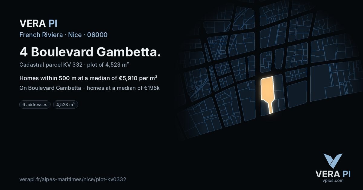 4 Boulevard Gambetta, Nice at night – the plot lit, the parcels around coloured by the prices near them