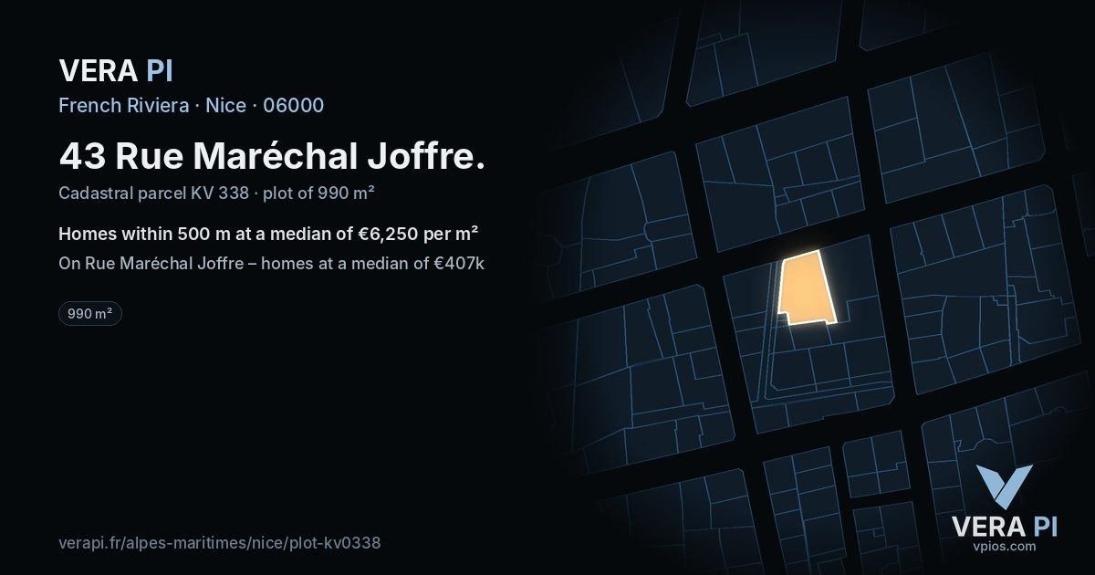 43 Rue Maréchal Joffre, Nice at night – the plot lit, the parcels around coloured by the prices near them