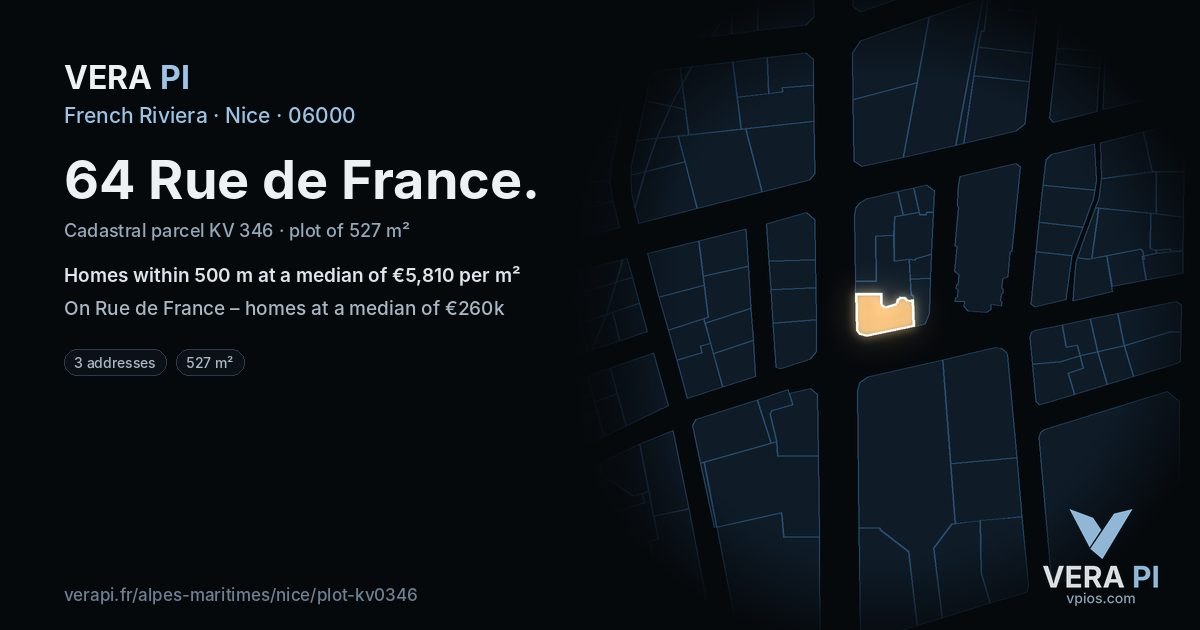 64 Rue de France, Nice at night – the plot lit, the parcels around coloured by the prices near them