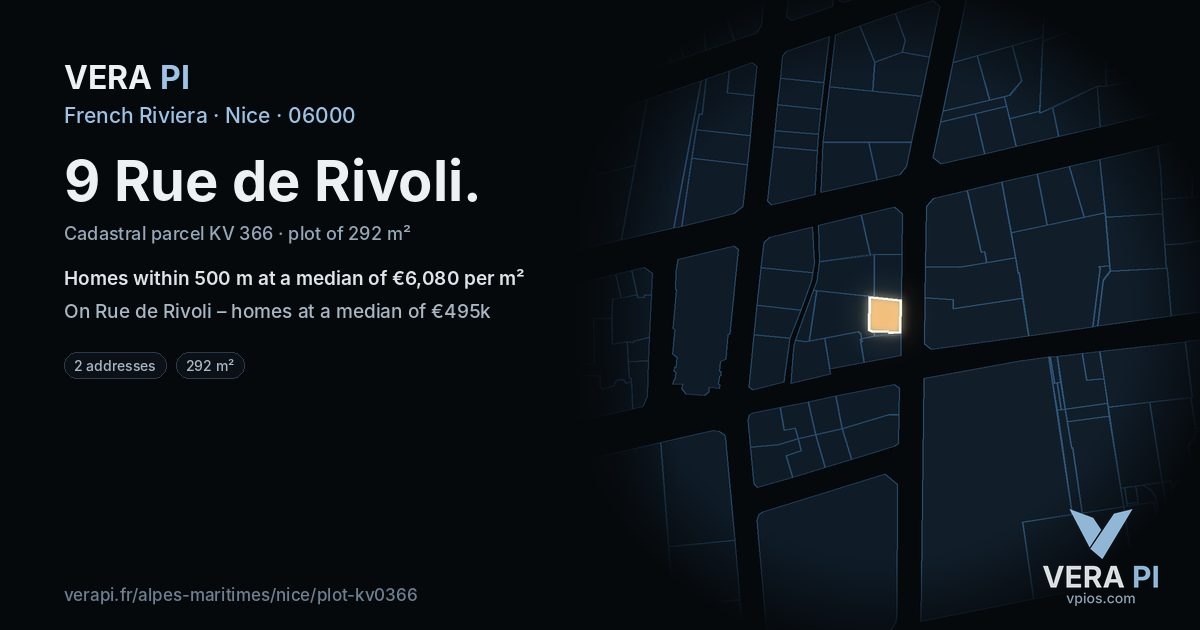 9 Rue de Rivoli, Nice at night – the plot lit, the parcels around coloured by the prices near them