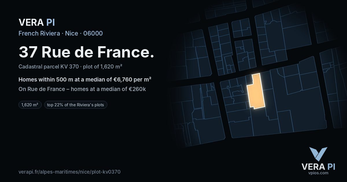 37 Rue de France, Nice at night – the plot lit, the parcels around coloured by the prices near them