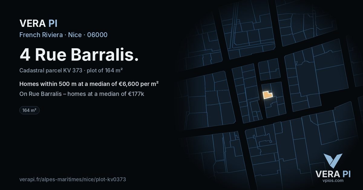 4 Rue Barralis, Nice at night – the plot lit, the parcels around coloured by the prices near them