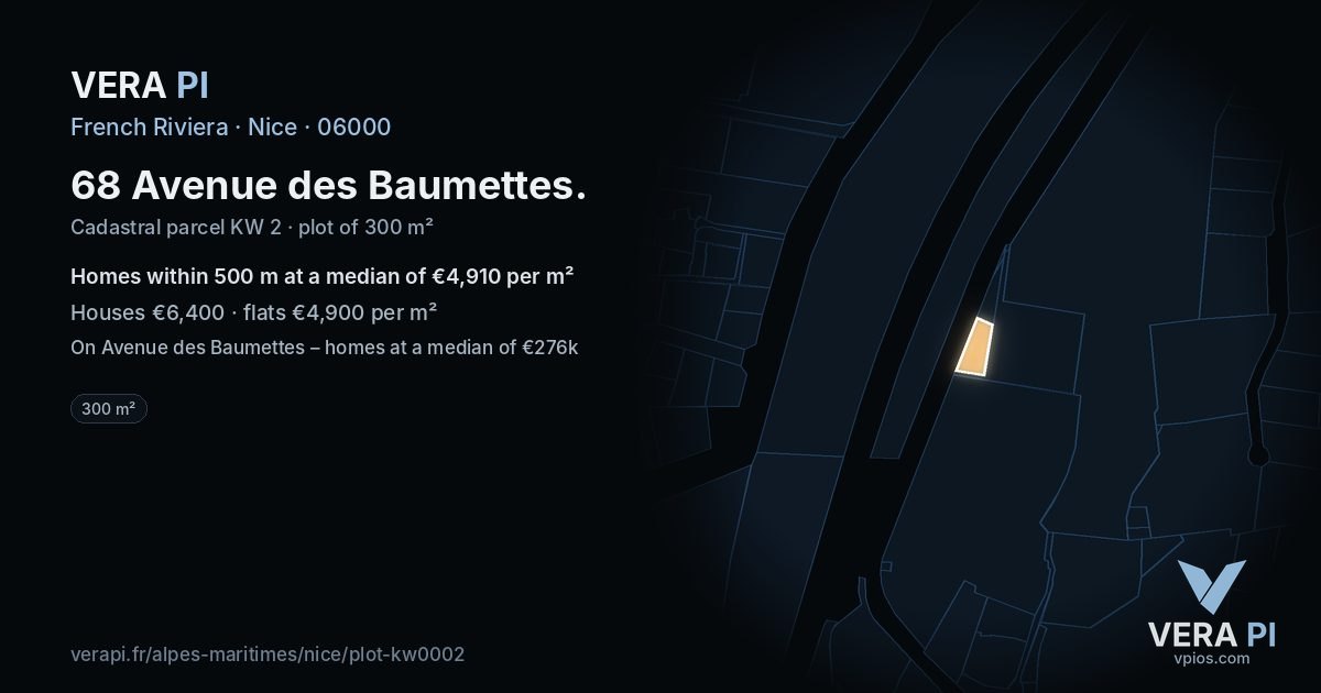 68 Avenue des Baumettes, Nice at night – the plot lit, the parcels around coloured by the prices near them