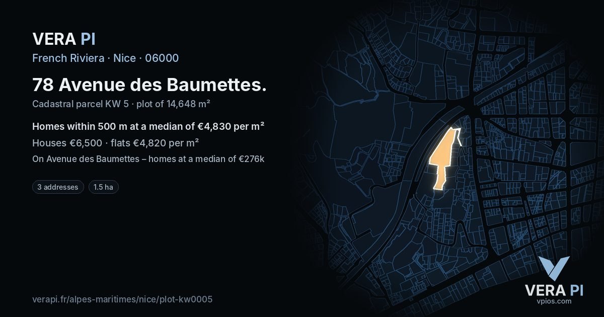 78 Avenue des Baumettes, Nice at night – the plot lit, the parcels around coloured by the prices near them